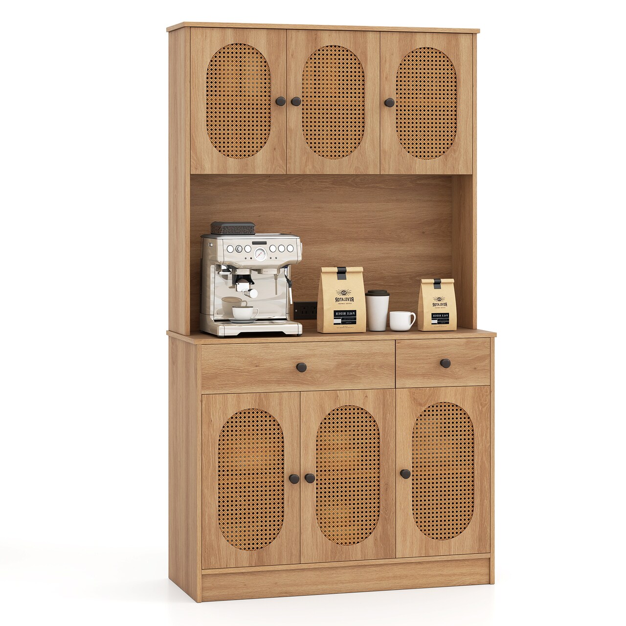71" Tall Natural Wooden Kitchen Storage Cabinet with Drawers and Adjustable Shelves and Rattan Doors